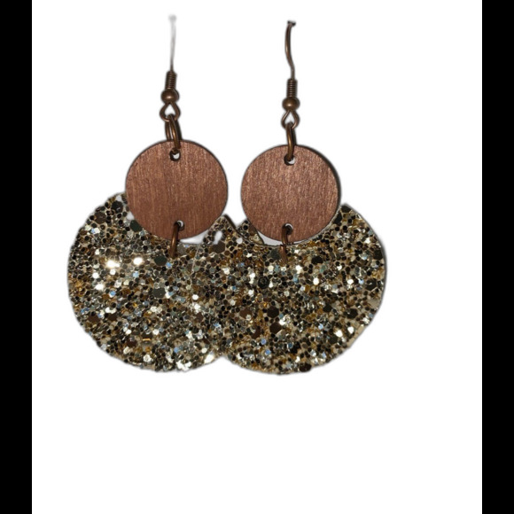 Earrings Glitter Sparkling Dangle Round w/ Wood Accent Formal Casual Lightweight - Picture 1 of 4